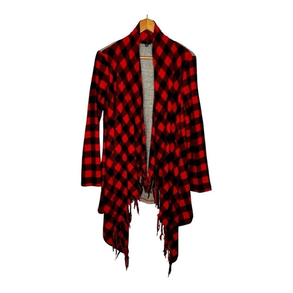 Chloah Buffalo Plaid Roll Tab Sleeve Open Front Fringe Cardigan. Size Small. - Picture 13 of 13